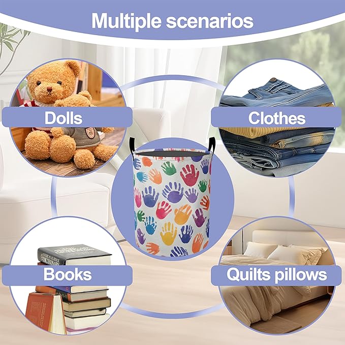 Laundry Basket,Cartoon Colorful Handprints Large Canvas Fabric Lightweight Storage Hamper Organizer Dirty Clothes Collapsible Waterproof for College Dorms,Bathroom