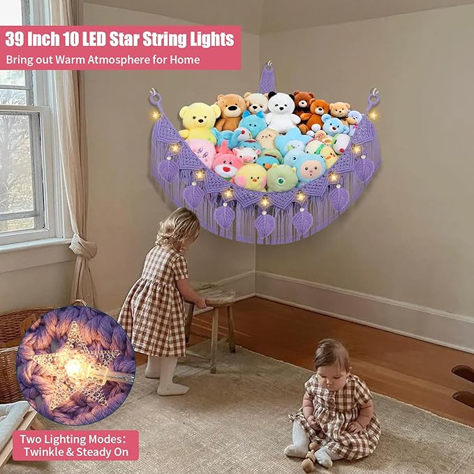 Stuffed Animal Hammock Corner - 56'' Jumbo Handcrafted 5mm Double Macrame Cord Stuffed Animal Storage Net - 100% Natural Cotton Toy Hammock Holder - Purple Stuffy Plushie Net w/LED Star Light