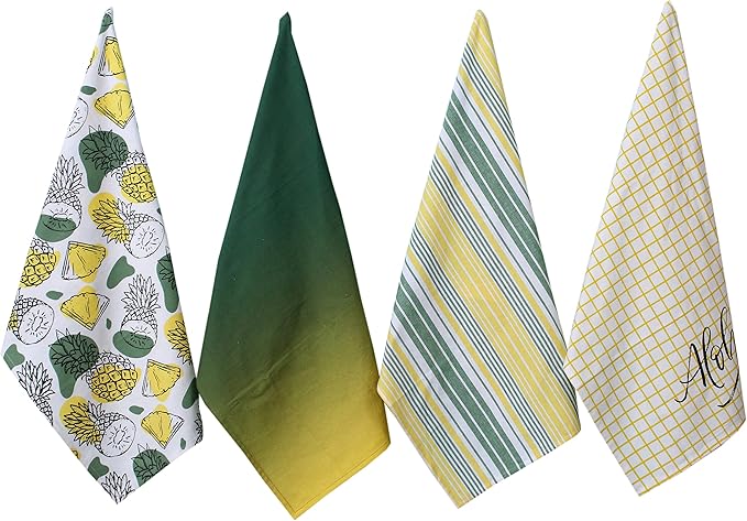 ACCENTHOME Kitchen Towels Set of 4 Super Absorbent Durable Towels Perfect for Kitchen Mess & Drying Dishes 50x70 cm Stripe & Check Pattern Pineapple Slices Print