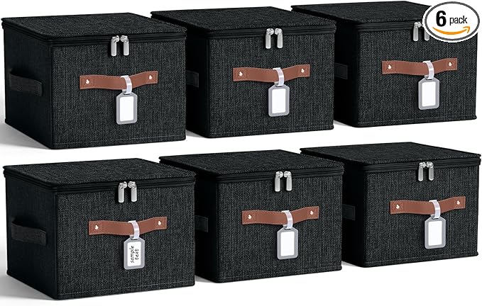 Fiwochic 6 Pack Fabric Storage Bins with Lids and Label, 10×8×7Inch Foldable Cotton Linen Cute Storage Boxes with PU Leather Handles for Closet, Bedroom, Shelf, Nursery, Black