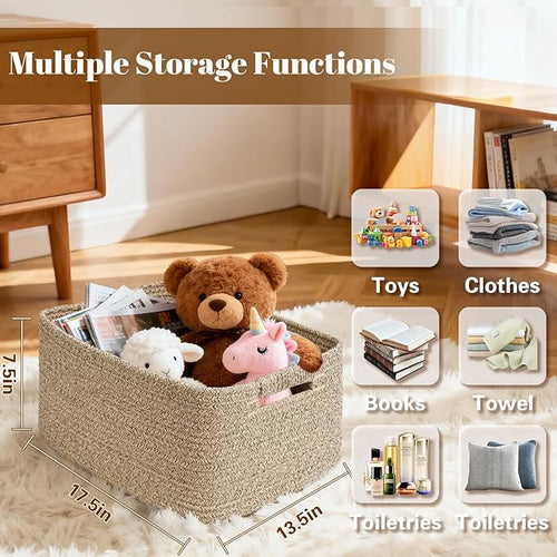 2 Pack Large Storage Basket for Organizing, 17.5"x13.5"x7.5" Woven Basket for Shelves, Closet Cube Storage Bins with Wrapped Handle, Cotton Rope Baskets for Kitchen, Clothes, Toys (Natural)