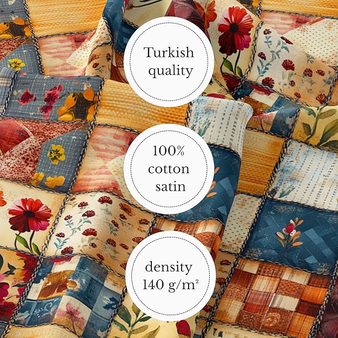 Autumn Meadow Patchwork Cotton Fabric – Premium Turkish Printed Cotton 140 GSM, Panel 61 x 36.6 Inches, Pre-Cut Quilting & Sewing Fabric Panel for Crafts, Home Decor & DIY Projects (USA Size)