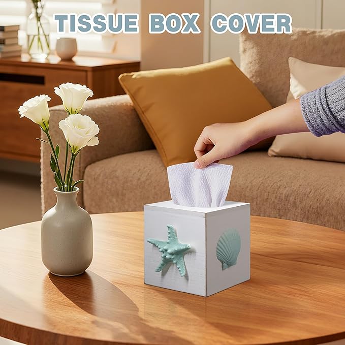 Tissue Box Cover Square, Beach Tissue Box Holder with Slide-Out Bottom, Decorative Wooden Wall Mounted Starfish Tissue Holder for Desktop Nightstand Bathroom Office, Modern Beach Home Decor