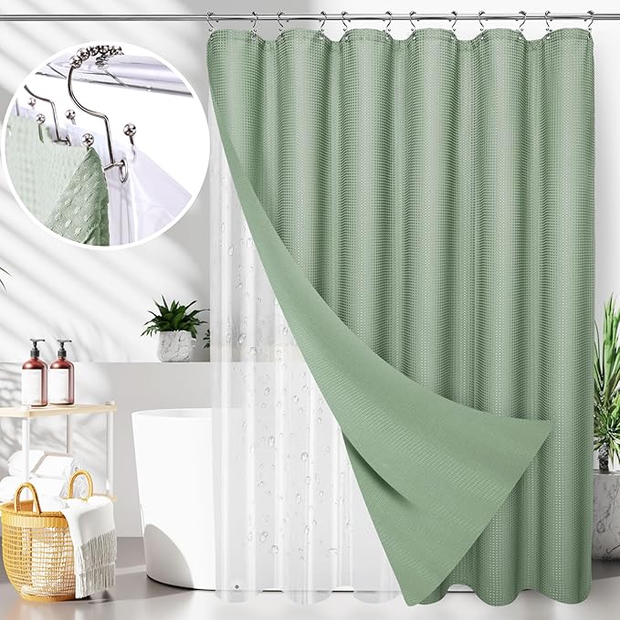 LaCyan 3 in 1 Waterproof Waffle Weave Shower Curtain and Clear Liner Set with 12 Stainless Steel Hooks Double Sided for Bathroom 72 Inches Heavy Duty Polyester Fabric Shower Curtains 72x84