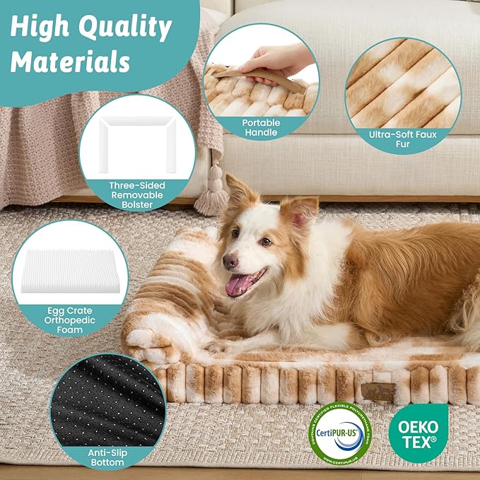COZY KISS Cute Dog Bed for Extra Large Dogs, Faux Rabbit Fur Orthopedic Dog Bed with Sides, Removable Washable Cover & Waterproof Lining, Comfortable Pet Couch, Tie-Dye Brown (48" L x 35" W x 7.5" Th)
