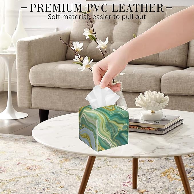 POIUBLE Leather Tissue Box Holder Green and Gold Abstract Marble Tissue Box Cover Square Waterproof Tissue Holder Organizer Modern Napkin Holder for Bedroom Dresser Night Stand Office Desk
