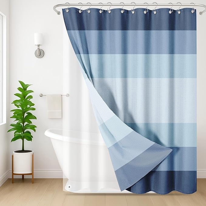 Nesphy Shower Curtain and Liner, Ombre Blue Striped 3 in 1 Shower Curtain and PEVA Liner Set with 12 Rust-Resistant Metal Hooks, Waterproof Fabric Shower Curtains for Bathroom, 72 W x 72 H