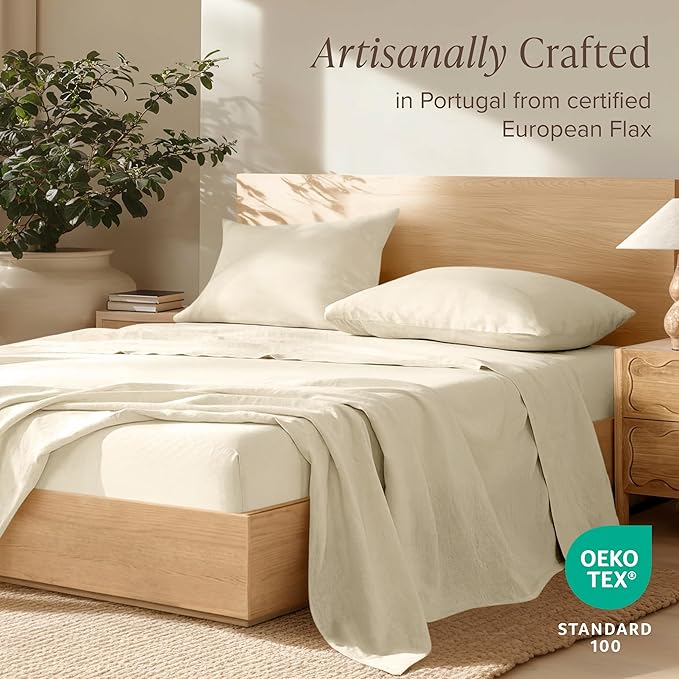 Bare Home Twin Extra Long Sheet Set - Luxury 100% European Linen - Deep Pockets - Easy Fit - 3 Piece Set - Bedding Sheets & Pillowcases (Twin XL, Natural)