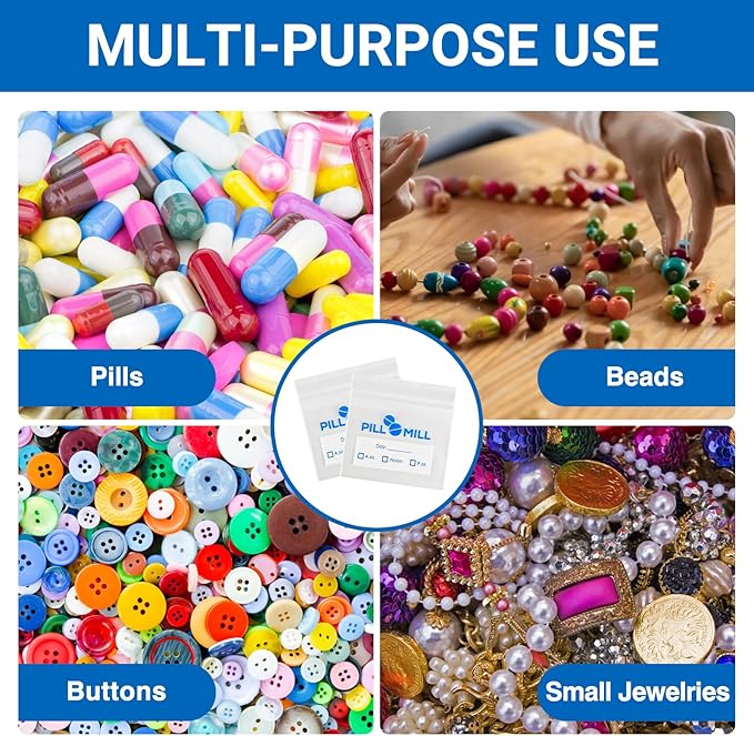 Pill Bag Count - Size 3" X 2" 3 Mil – Plastic Pill Organizer Bags – Small Pocket Pill Baggies – Travel Pill Pouch– Daily AM PM Medicine Storage Pouches – Locking Pill Carrier Container (100-Pack)
