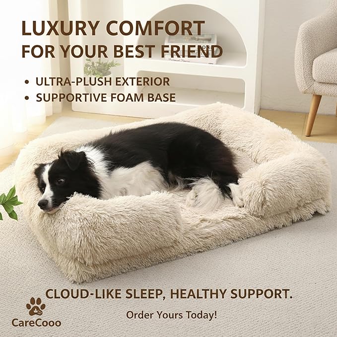 CareCooo Orthopedic Dog Bed for Medium Dogs - Washable Memory Foam Pet Sofa, Fluffy Plush Rectangular Bed, Waterproof Anti-Anxiety Couch, Light Brown, M