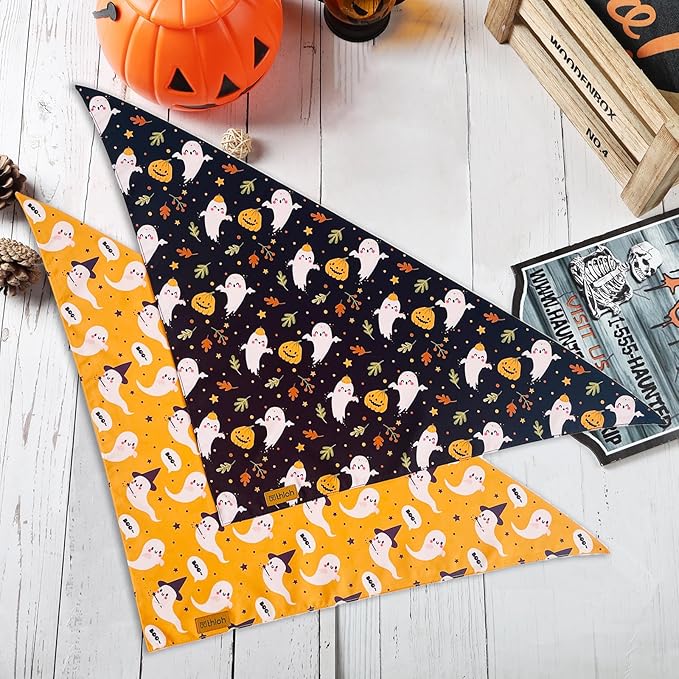 THLOH Halloween Dog Bandanas - 2 Pack Fall Dog Bibs | Reversible Pumpkin and Ghost Pet Scarf for Boys and Girls | Premium Durable Fabric | Boo Dog Bandana for Large and Extra Large Dogs (X-Large)