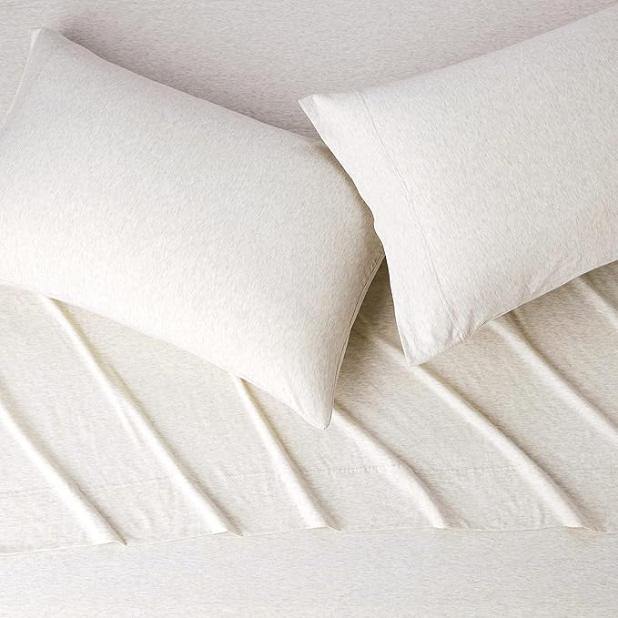 Amazon Basics 4 Piece Bed Sheets Set, 100% Cotton Jersey, Includes Super Soft, Flat and Fitted Sheets, Pillowcase, King, Oatmeal, Solid