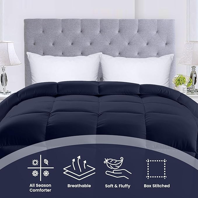 Utopia Bedding Comforters King Size, All Season Duvet Insert, Down Alternative Box Stitched Bed Comforter with Corner Tabs, Machine Washable (Navy)