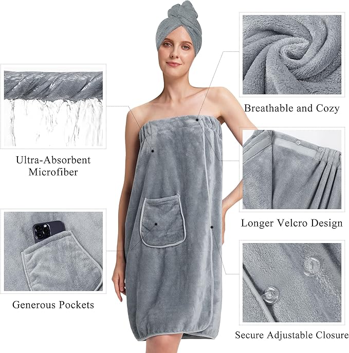 PJGGZ Towel Wrap for Women, Three Adjust Clasps Closure Bath Wraps After Shower Spa Sauna Bathrobe(Available in Plus Size)