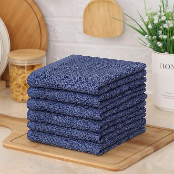 Kitinjoy 100% Cotton Kitchen Dish Cloths, 6 Pack Waffle Weave Ultra Soft Absorbent Dish Towels for Drying Dishes Quick Drying Kitchen Towels Dish Rags, 12 X 12 Inches, Navy Blue