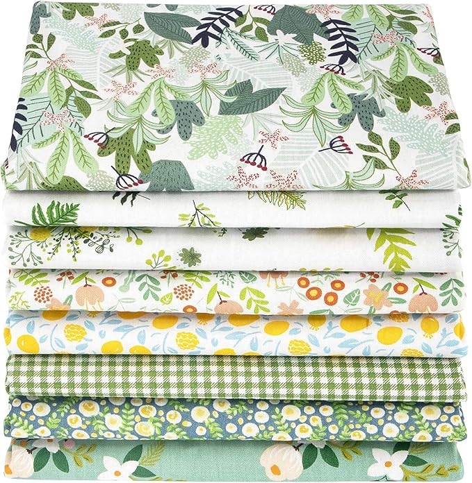 Aubliss 8pcs Fat Quarter Fabric Bundles 20'' x 20'' Cotton Craft Fabric Pre-Cut Squares Sheets for Patchwork Sewing Quilting Crafting(Green Floral)