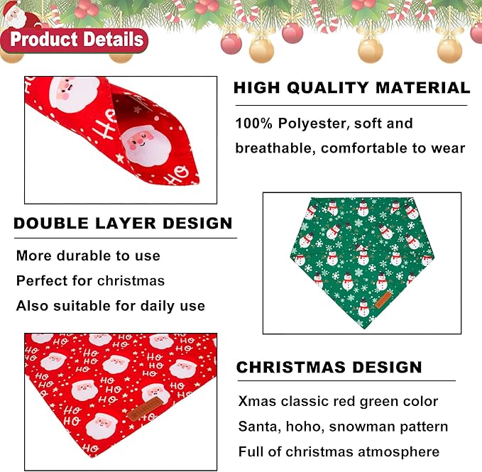 ADOGGYGO Christmas Dog Bandanas, Snowman Santa Xmas Pet Scarf, Multi Size Offered, Red Green Christmas Bandana for Extra Large Dogs Pets (X-Large)