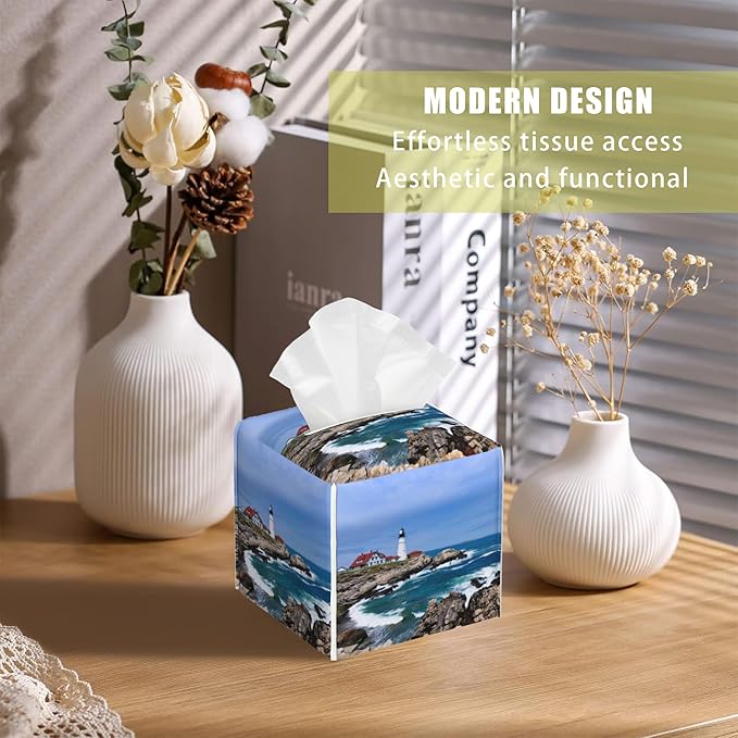 BLYKVGHQ Leather Tissue Box Holder Seaside Lighthouse Tissue Box Cover Facial Paper Case Organizer Cube Napkin Dispenser for Bathroom Vanity Countertop Night Stand Office Car