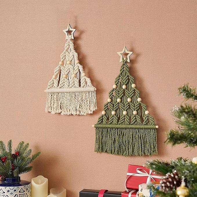 2 Set DIY Macrame Christmas Tree Kit, 6 Set Christmas Tree Craft Starter Kit with Instructions Boho DIY Wall Hanging Art Decor Festive Activity Supplies for Beginners