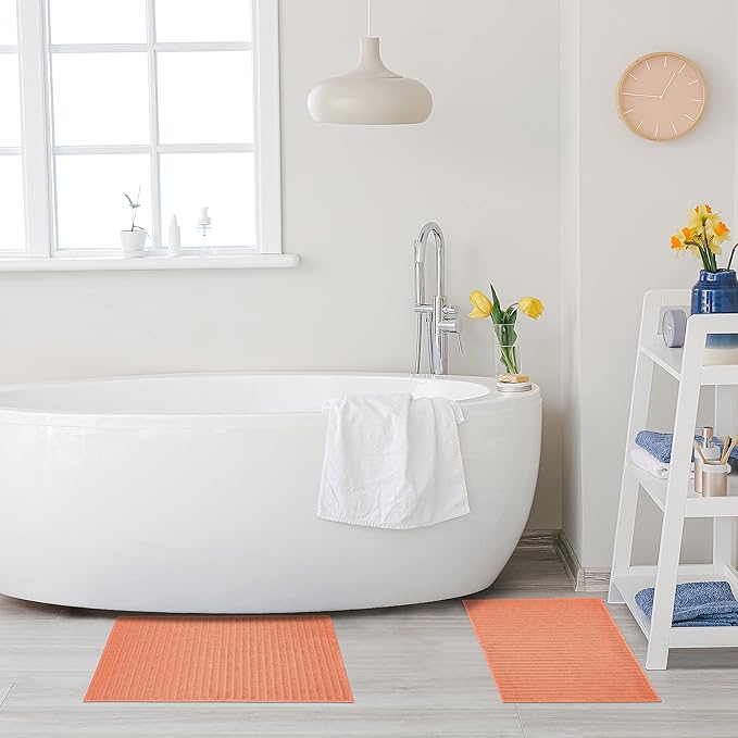 Superior Striped Bath Mat 2-Pack, 100% Combed Cotton, Luxury Spa Ribbed Texture, Durable and Washable Bathroom Mats - Coral, 22" x 35" each