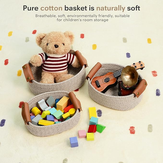 ECDYQXVU 5 Piece Storage Baskets Small Woven Basket with Detachable Leather Handle, Cotton Rope Shelf Baskets for Closet Organizers, Different Sizes Basket Decor, Natural Brown