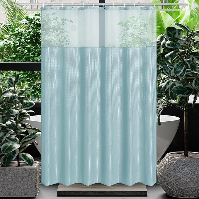 Gibelle Waffle Weave Shower Curtain with Mesh Top Window and Hooks Set, Spa Like Hotel Style Fabric Shower Curtain for Bathroom, Teal, 72x72