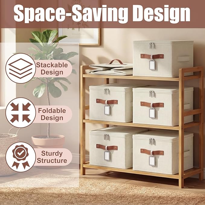 Fiwochic 6 Pack Fabric Storage Bins with Lids and Label, 10×8×7Inch Foldable Cotton Linen Cute Storage Boxes with PU Leather Handles for Closet, Bedroom, Shelf, Nursery, Beige