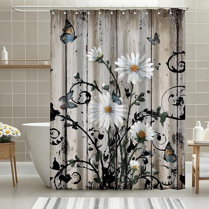 mutakin Rustic Grey Floral Shower Curtain Butterfly Flowers Shower Curtains for Bathroom Waterproof Fabric Bath Curtain Decor with Hooks