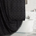 Extra Long Boho Black Shower Curtain with Tassels, 72 x 96, Tufted Chevron Striped Chenille Woven Fabric Cloth Shower Curtain Modern Farmhouse Minimalist, Shabby Chic Textured for Bathroom