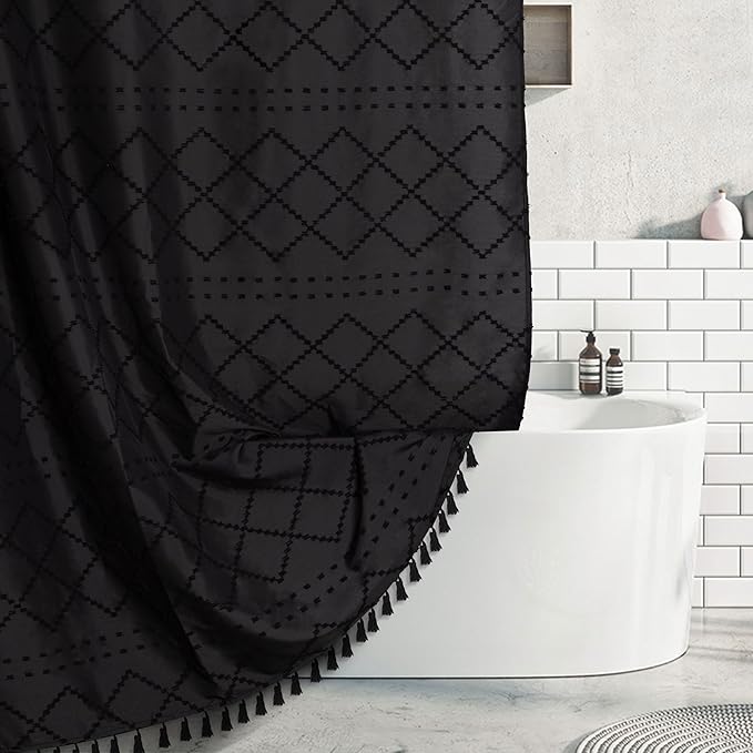Extra Long Black Textured Boho Shower Curtain with Tassels 72 x 78 Tufted Chevron Striped Chenille Woven Fabric Cloth Shower Curtain Modern Farmhouse Minimalist, Shabby Chic Home Decor for Bathroom