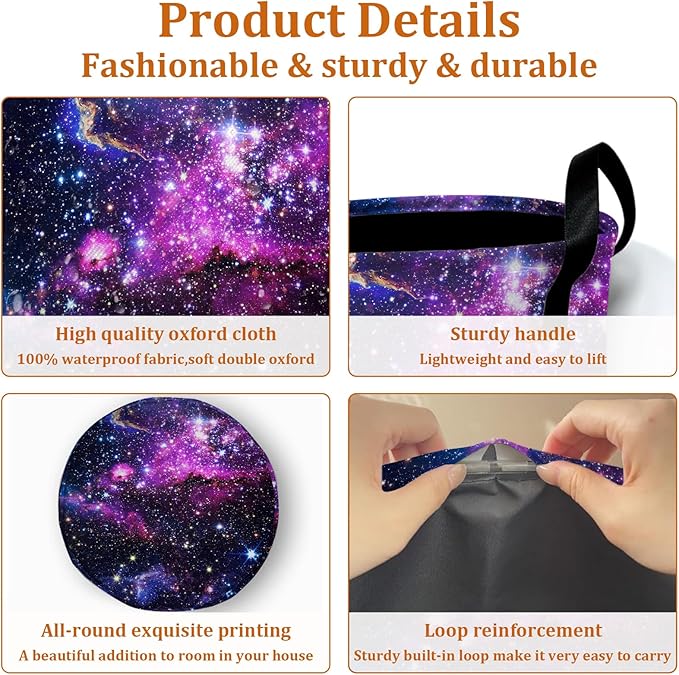 Purple Starry Sky Laundry Basket with Sturdy Handles, Galaxy Collapsible Oxford Cloth Laundry Hamper Organizer Basket for Bathroom Bedroom 15.7x20 Inch