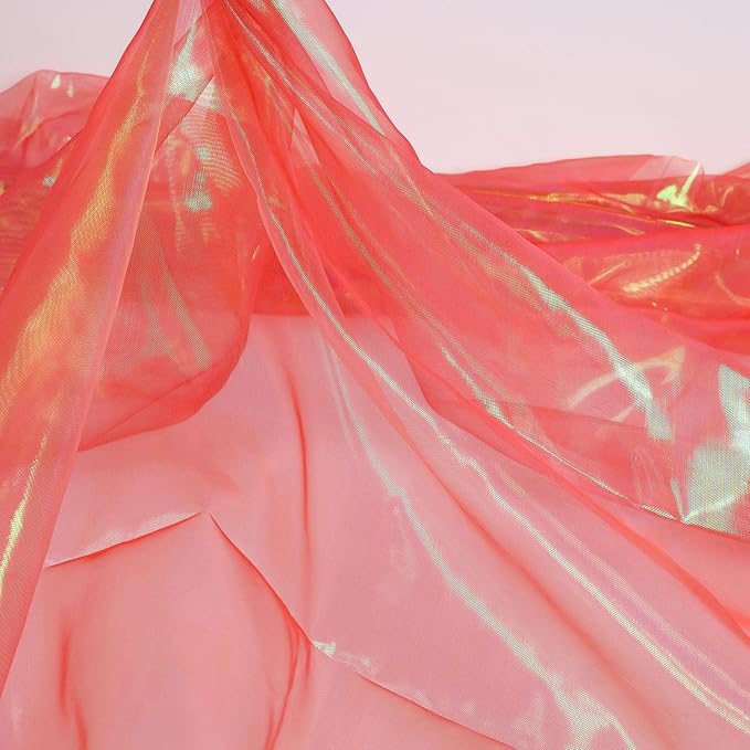 Sheer Iridescent Organza Fabric 58 Inches Wide - 10 Yards Precut - Shinny Wedding Party Decor Fairy Costume Voile Doll Clothes Sewing - Coral Red