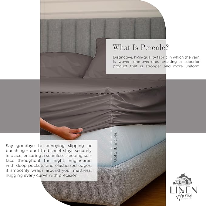 Linen Home 100% Cotton Percale Sheets Full Size, Charcoal, Deep Pocket, 4 Pieces Set - 1 Flat, 1 Deep Pocket Fitted Sheet and 2 Pillowcases, Crisp Cool and Strong Bed Linen