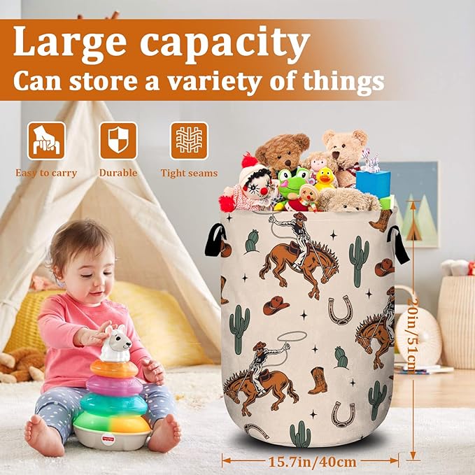 Colorful Western Cowboy Laundry Basket with Sturdy Handles, Collapsible Oxford Cloth Laundry Hamper Organizer Basket for Bathroom Bedroom 15.7x20 Inch