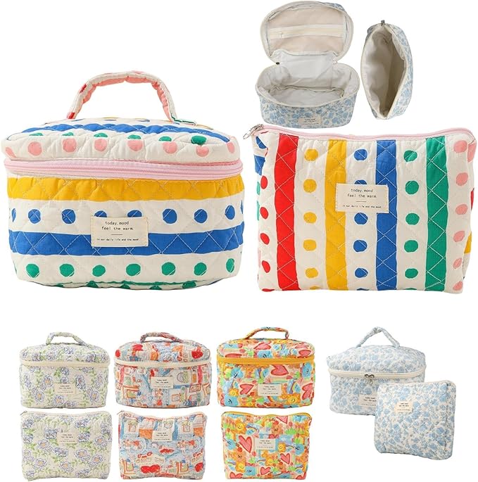 Fcteap Makeup Bag Travel Essentials Quilted Cosmetic Toiletry Pouch Organizer Insert for Women Dorm Room Essential Gift Large Capacity Opening Lightweight Cute Aesthetic Portable 2PCS (Colorful Dots)