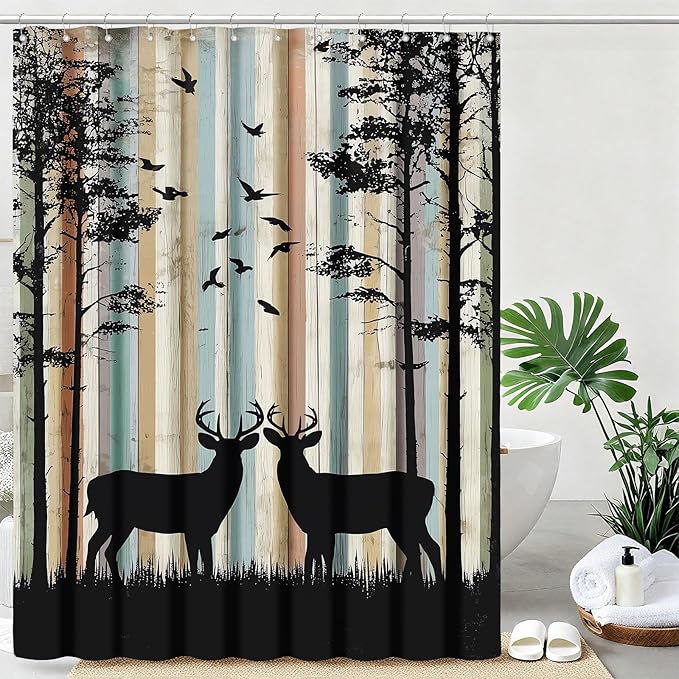mutakin Rustic Deer Shower Curtain Farmhouse Tree Country Shower Curtains for Bathroom Waterproof Fabric Bath Curtain Decor with Hooks