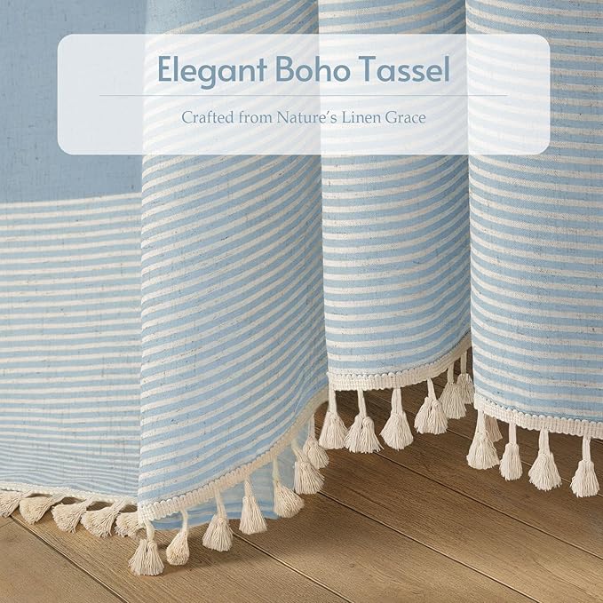 XOGUIBO Aqua Blue Shower Curtain Linen Coastal Ocean Striped Shower Curtains for Bathroom with Tassel 72 X 72