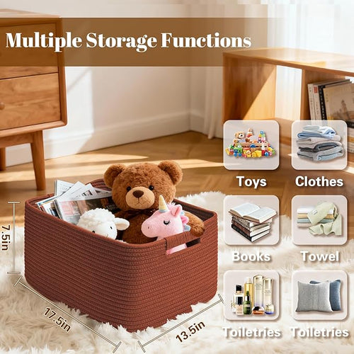 4 Pack Large Storage Basket for Organizing, 17.5"x13.5"x7.5" Woven Basket for Shelves, Closet Cube Storage Bins with Wrapped Handle, Cotton Rope Baskets for Kitchen, Clothes, Toys(Oxide Red)