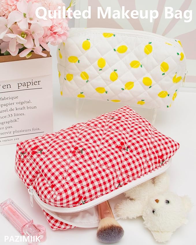 PAZIMIIK Vintage Quilted Makeup Bag Cosmetic Pouch for Brushes Pencils and Travel Make Up Accessories for Women and Girls Plaid Cherry