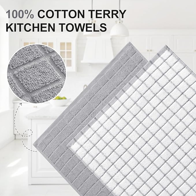 Homaxy Premium Cotton Kitchen Towels 16"x 28", Large Natural Ring Spun 390 GSM Dish Towels, Super Absorbent Terry Kitchen Hand Towels, Soft Tea Towels with Hanging Loop, Light Grey Check, 8 Pack