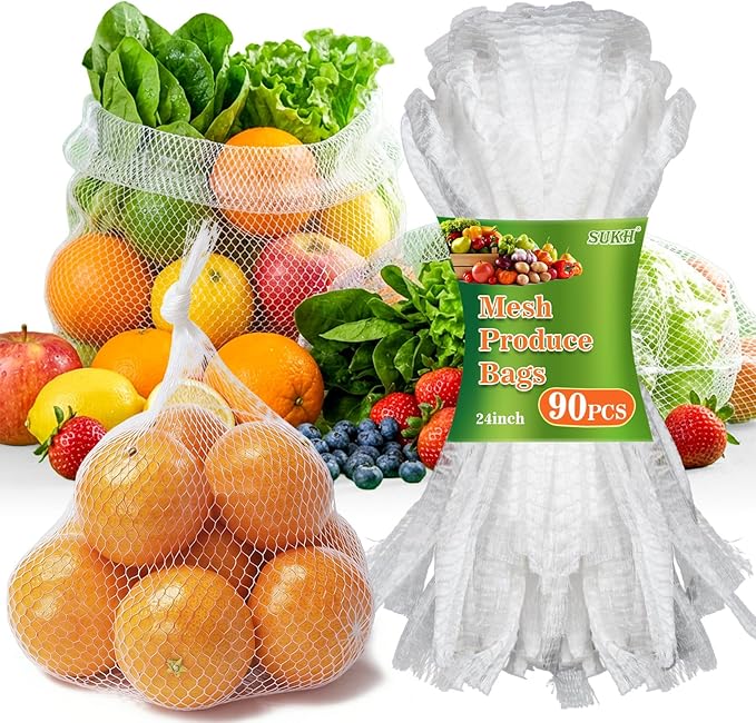 Sukh 90PCS Mesh Produce Bags - 24Inch Mesh Vegetable Bags Onion Storage Net Produce Seafood Net for vegetables Storage Fruits Seafood and Other Agricultural Products White