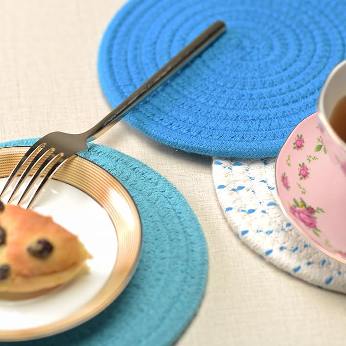 Kitchen Pot Holders Set Trivets Set 100% Pure Cotton Thread Weave Hot Pot Holders Set (Set of 3) Stylish Coasters, Hot Pads, Hot Mats, Spoon Rest for Cooking and Baking by Diameter 7 Inches (Blue)