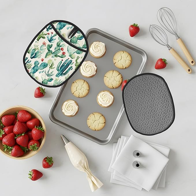 Pot Holders 2 Pack Silicone, Cotton Lining, Heat Resistant to 500°F (260°C), Non-Slip Grip, 7.5"x9.4" Oval Kitchen Hot Pads for Oven, Cooking (Cactus Flower, Potholders)
