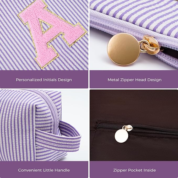 Btffitting Makeup Bag Set Initials Cosmetic Bag,Birthday Graduation Gifts for 10 11 12 13 14 15 16 17 18 Years Old Girl Girlfriend Teen Girls Gift Trendy Stuff Toiletry Bag Travel - Lavender,A