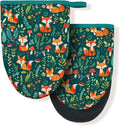 Forest Fox Animal Green Floral Flower Mini Silicone Oven Mitts, Heat Slip Resistant Kitchen Gloves 2-Pack Set, Soft Short Small Oven Mittens Pot Holders for Baking Grilling Barbecue Microwave Gift