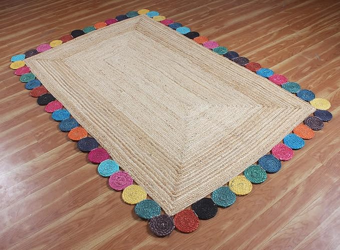 Scalloped Edge Rug, Hand Woven Natural Jute Area Rug, 4x7 Ft Beige & Multicolor Braided Sisal Kilim Rugs for Living Room, Kitchen, Entryway, Farmhouse