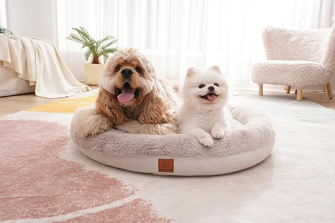 pawtnerz Round Donut Dog Bed – Luxury Orthopedic Dog Beds with Memory Foam – Calming Bolster Pet Bed, Water-Resistant, Washable Plush Cover, Premium Zipper – Small Dogs & Cats (21 Inches)