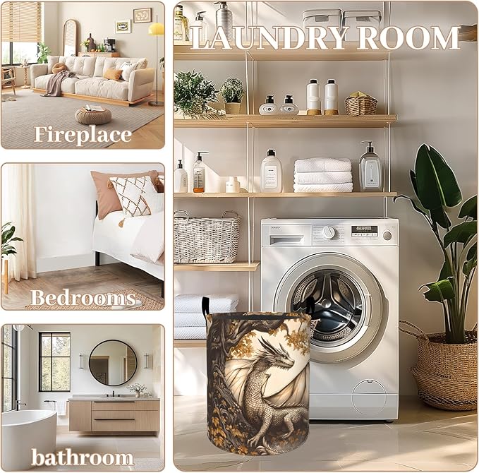 ainori Autumn Dragon Laundry Basket, Oxford Cloth Mythical Fantasy Dirty Clothes Collapsible Hamper for Room Decor, Fall Forest Print Gifts Toy Organizer 19.7 * 15.8 Inch for Bedroom Bathroom Dorm