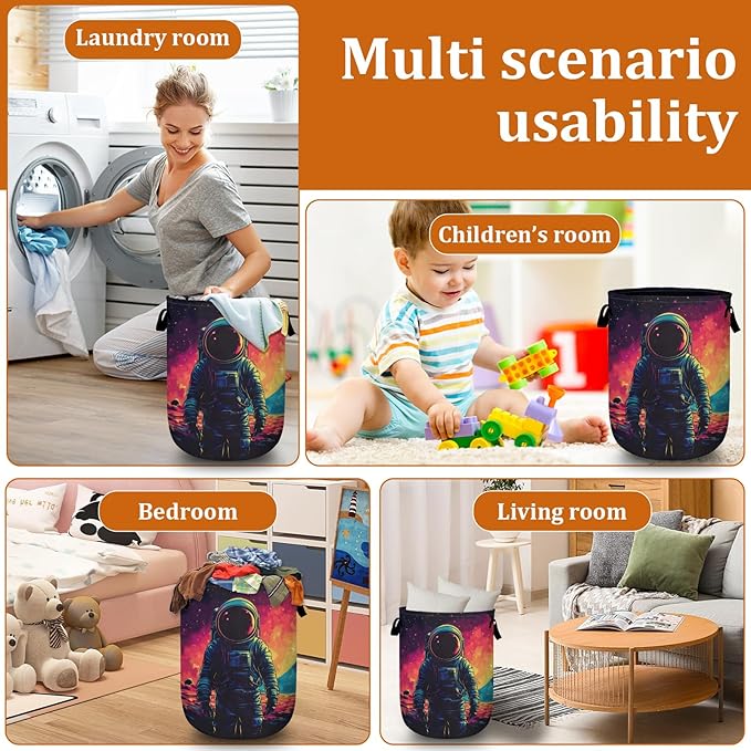 Astronaut Laundry Basket with Sturdy Handles, Universe Planet Collapsible Oxford Cloth Laundry Hamper Organizer Basket for Bathroom Bedroom 15.7x20 Inch