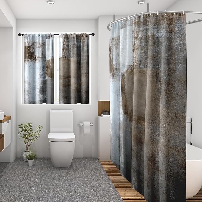 Culudea Brown Grey Painting Shower Curtain Set, Contemporary Gray Abstract Bathroom Window Waterproof Shower Curtain Set for Bathroom Decor